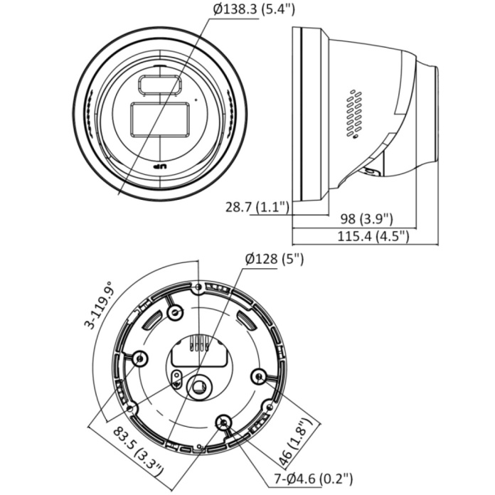 Rysunek techniczny kamery kopułkowej Hikvision 4Mpx